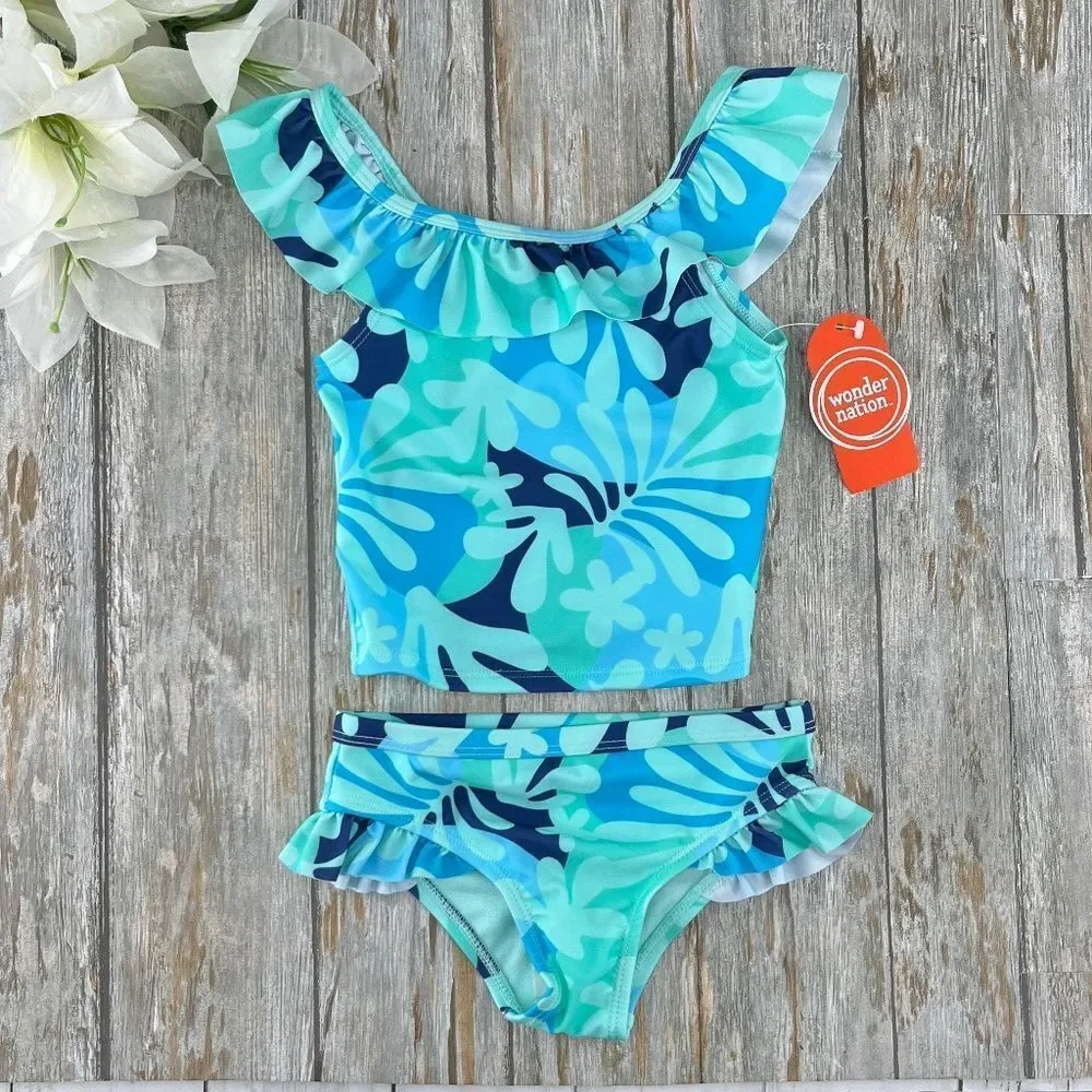 Toddler Girl Tropical Print Ruffle Tankini Swimsuit Two-Piece, Size 2T